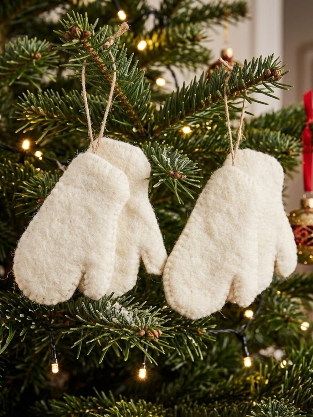 Set of 2 Nordic Style Stitched Wool Mittens Ornaments